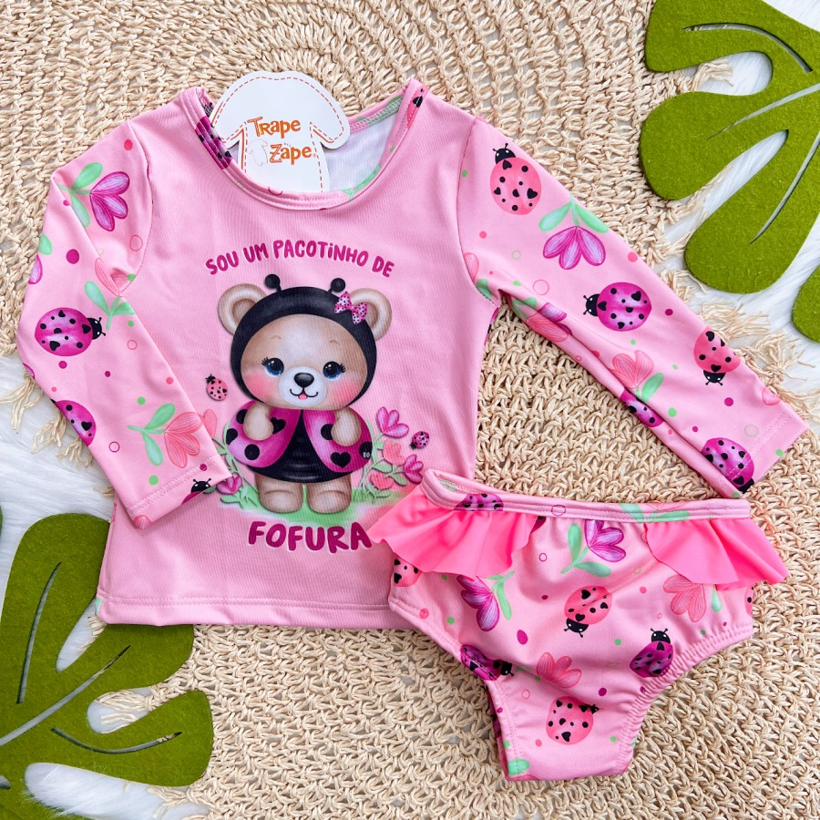 Linha Praia - Blusa com Proteção UV50+ Sou Pacotinho de Fofura e Calcinha - Rose